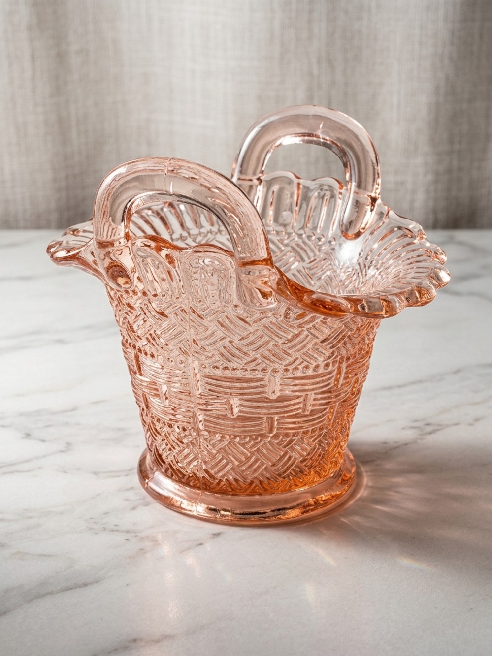 Vintage Pink Depression Glass Basket Weave Pattern Decorative Basket